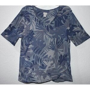 Chicos Cotton Tropical Floral Print V-Neck Short Sleeve T-Shirt Size 2 Large